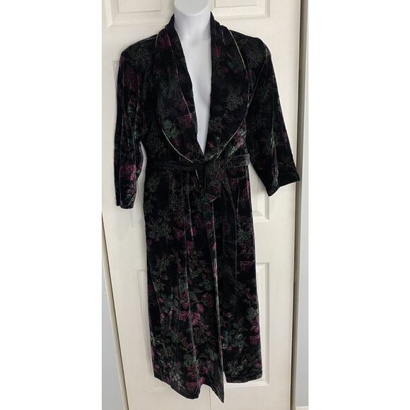 VTG Victorias Secret Robe Velvet Glitter Gold Label 80s Pockets Tie Floral Small
